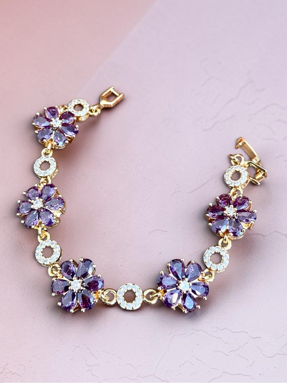 Simulated Amethyst Flower CZ Gold Filled Tennis Bracelet NWOT